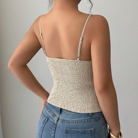 Solid Ruched Shirred Adjustable Straps Fitted Cami Top - Picture 2 of 4